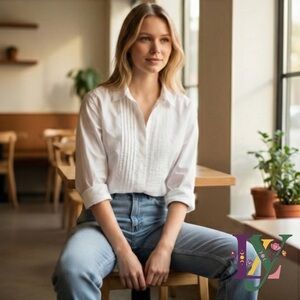 J. Jill White Stretch Cotton Pleated Hidden Button Down Shirt Collared Large